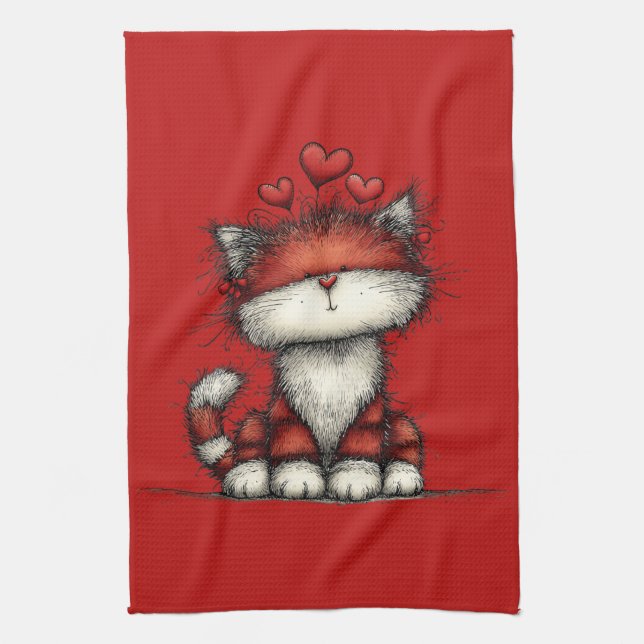 Cat with Red Love Hearts Cute and Funny Tea Towel (Vertical)