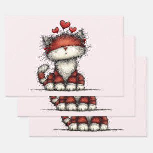 Cat with Red Love Hearts Cute and Funny Wrapping Paper Sheet