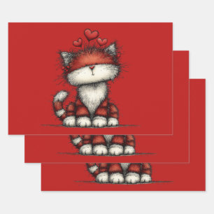 Cat with Red Love Hearts Cute and Funny Wrapping Paper Sheet
