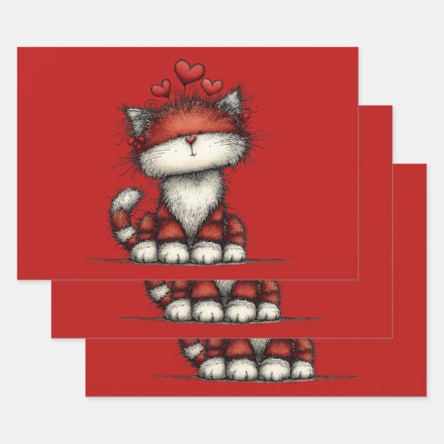 Cat with Red Love Hearts Cute and Funny Wrapping Paper Sheet (Set)