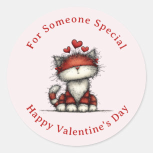 Cat with Red Love Hearts Cute Fun Valentine's Day Classic Round Sticker