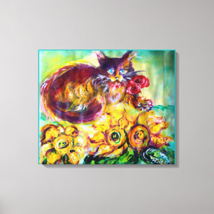 CAT WITH RED RIBBON AND SUNFLOWERS CANVAS PRINT