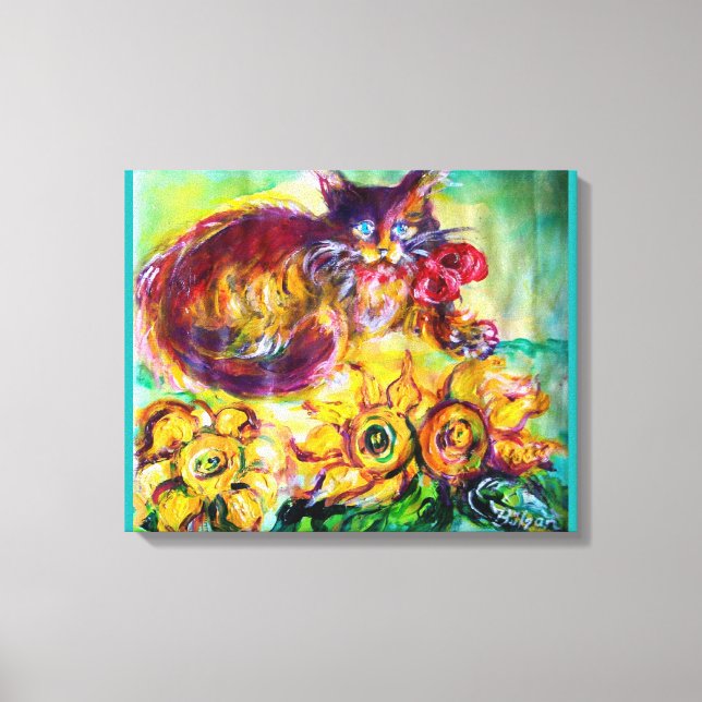 CAT WITH RED RIBBON AND SUNFLOWERS CANVAS PRINT (Front)