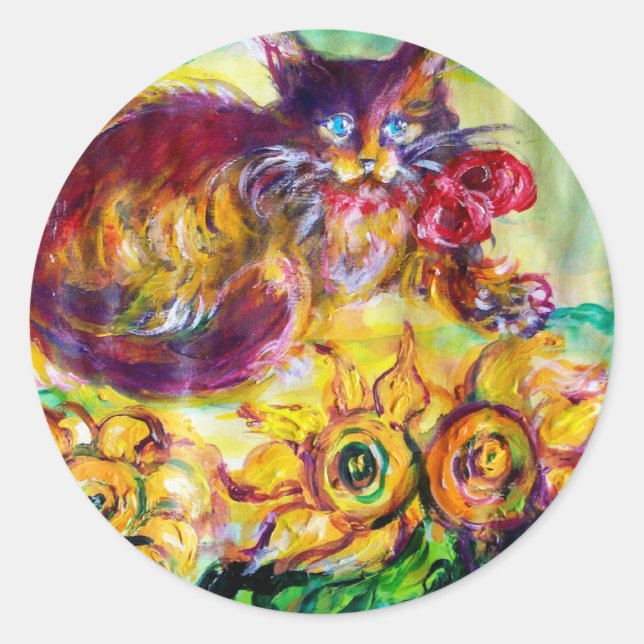 CAT WITH RED RIBBON AND SUNFLOWERS CLASSIC ROUND STICKER (Front)