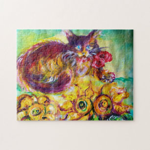 CAT WITH RED RIBBON AND SUNFLOWERS JIGSAW PUZZLE