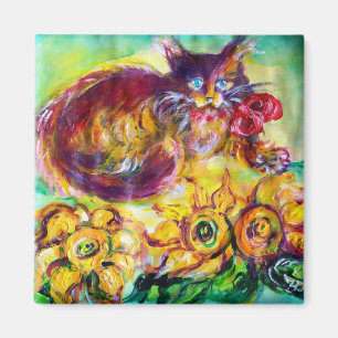 CAT WITH RED RIBBON AND SUNFLOWERS MAGNET