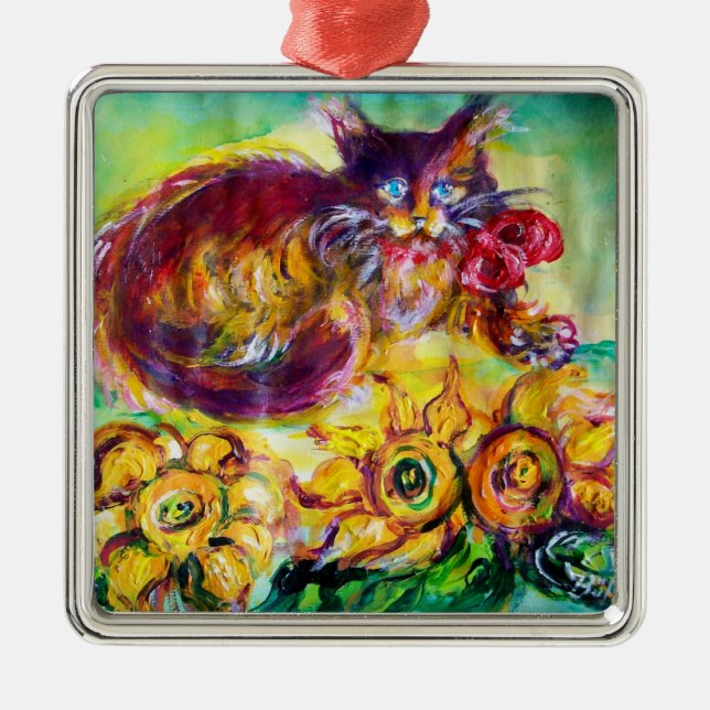 CAT WITH RED RIBBON AND SUNFLOWERS METAL TREE DECORATION (Front)