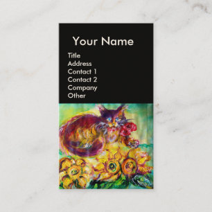 CAT WITH RED RIBBON AND SUNFLOWERS MONOGRAM BUSINESS CARD