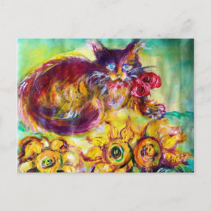 CAT WITH RED RIBBON AND SUNFLOWERS POSTCARD