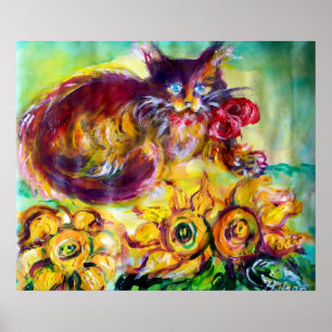 CAT WITH RED RIBBON AND SUNFLOWERS POSTER