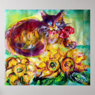 CAT WITH RED RIBBON AND SUNFLOWERS POSTER