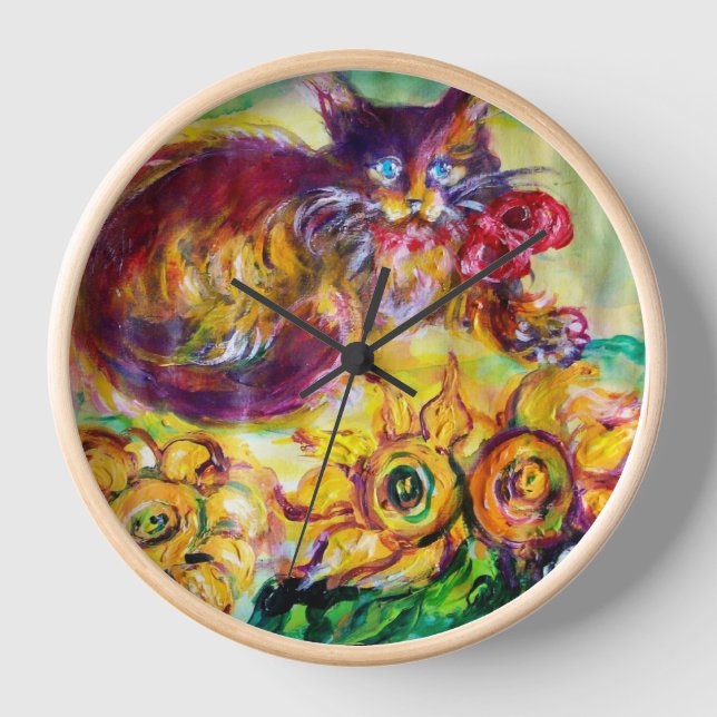 CAT WITH RED RIBBON AND SUNFLOWERS WALL CLOCK (Front)