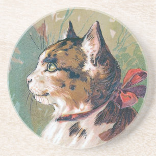 Cat with Red Ribbon Vintage Illustration Coaster