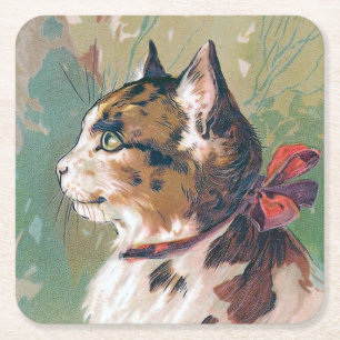 Cat with Red Ribbon Vintage Illustration Square Paper Coaster