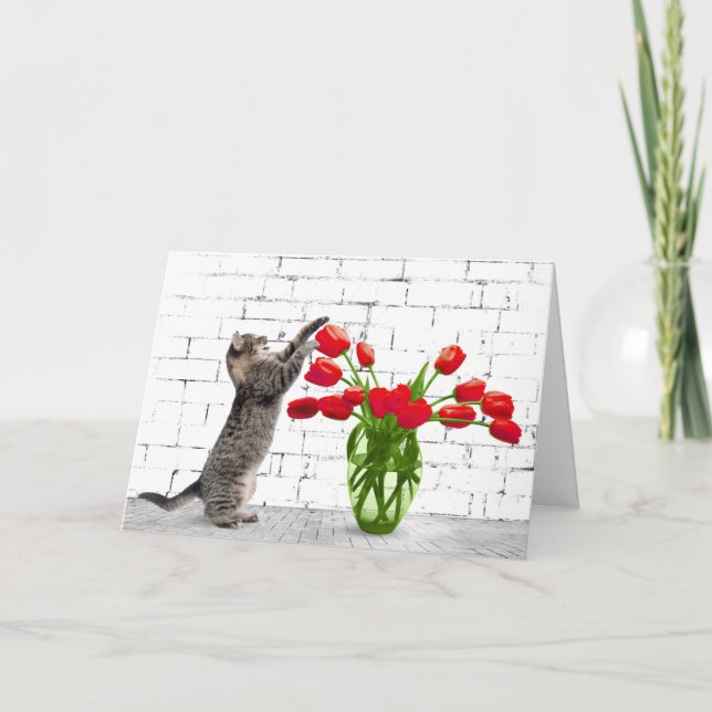 Cat with Red Tulips Birthday Card (Front)