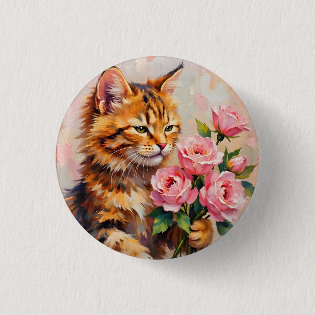 Cat with Roses 3 Cm Round Badge (Front)