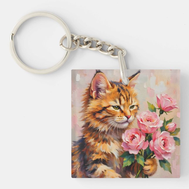 Cat with Roses Key Ring (Front)