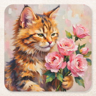 Cat with Roses Square Paper Coaster