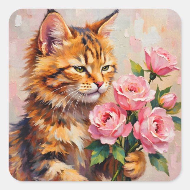 Cat with Roses Square Sticker (Front)