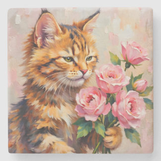 Cat with Roses Stone Coaster
