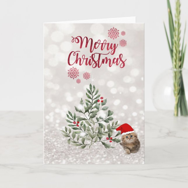 Cat With Santa Hat,Branches Trees,Glittery Bokeh Holiday Card (Front)