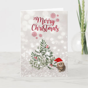 Cat With Santa Hat,Branches Trees,Glittery Bokeh Holiday Card