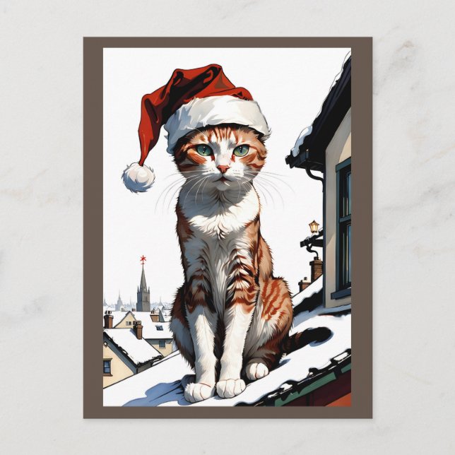 cat with santa hat on the roof postcard (Front)