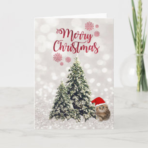 Cat With Santa Hat,Pine Trees,Glittery Bokeh Holiday Card