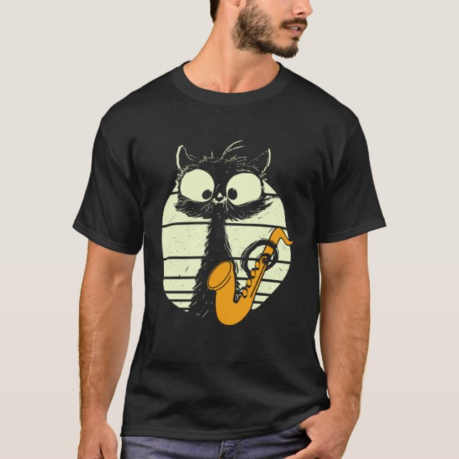 Cat With Saxophone Playing Cat Cute Jazz Cat T-Shirt (Front)