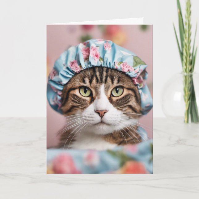 Cat With Shower Cap Birthday Card (Front)