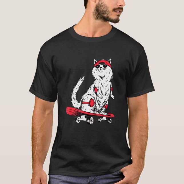 Cat With Skateboard Kitten Skater T-Shirt (Front)