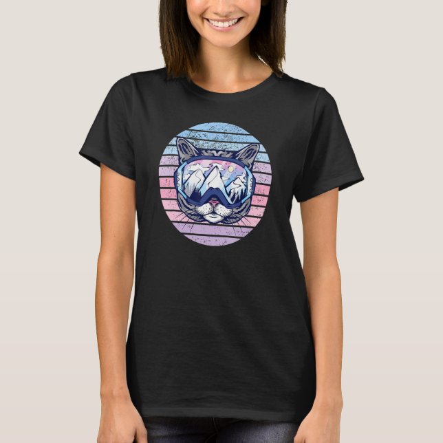 Cat with Snow Ski Snowboarding Goggles Retro Sunse T-Shirt (Front)
