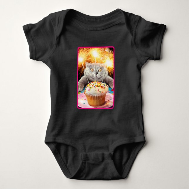 Cat With Sparkler Cupcake Baby Bodysuit (Front)
