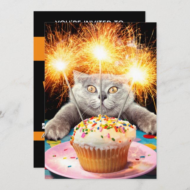 Cat With Sparkler Cupcake Invitation (Front/Back)