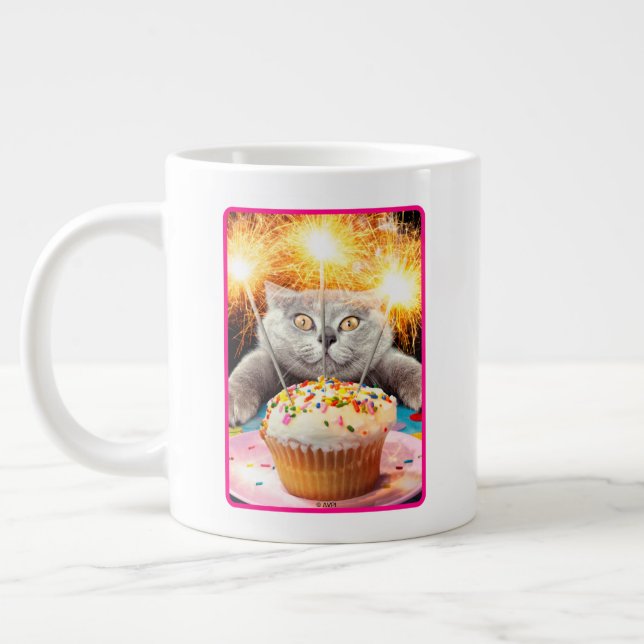 Cat With Sparkler Cupcake Large Coffee Mug (Left)