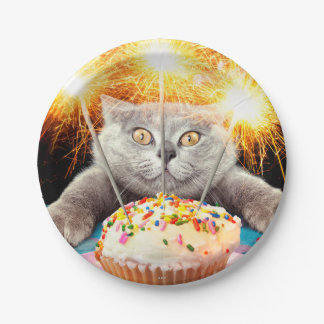 Cat With Sparkler Cupcake Paper Plate
