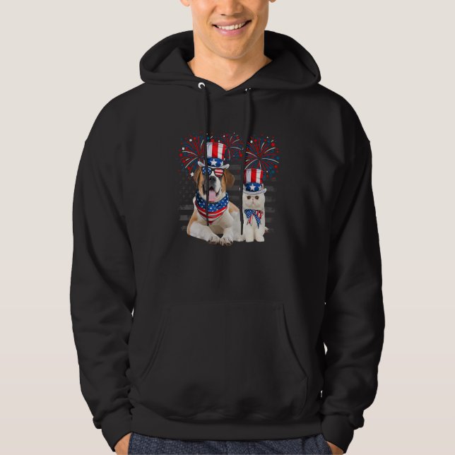 Cat With St Bernard Sunglasses American Flag 4th O Hoodie (Front)