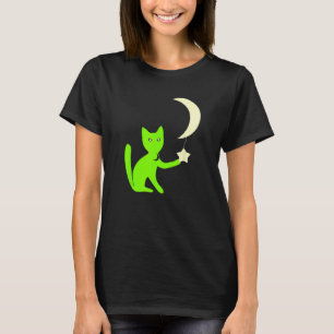 Cat With Star Eyes Playing With Crescent Moon Star T-Shirt
