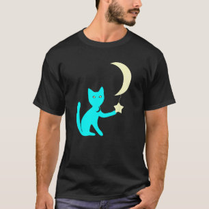 Cat With Star Eyes Playing With Crescent Moon Star T-Shirt