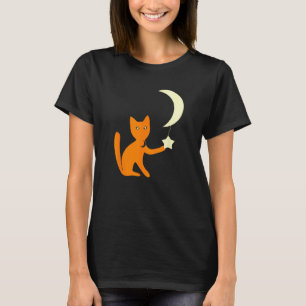 Cat With Star Eyes Playing With Crescent Moon Star T-Shirt