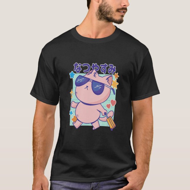 Cat with Sunglasses and Japanese Quote Summer Holi T-Shirt (Front)