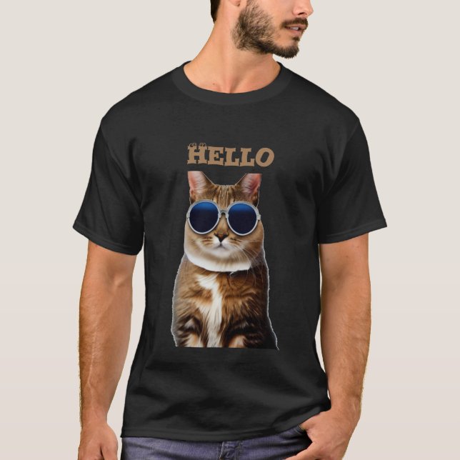Cat with Sunglasses Hello Men's Basic Dark T-Shirt (Front)
