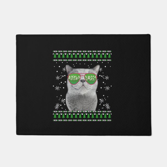 Cat with Sunglasses Meowy Ugly Christmas Sweater  Doormat (Front)
