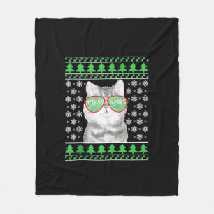 Cat with Sunglasses Meowy Ugly Christmas Sweater Fleece Blanket