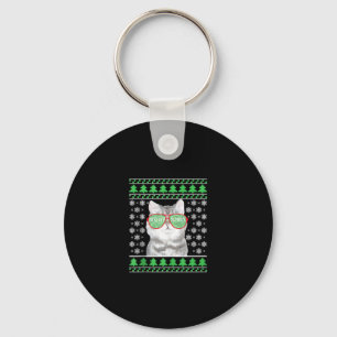 Cat with Sunglasses Meowy Ugly Christmas Sweater Key Ring