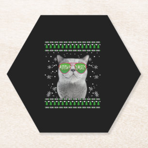 Cat with Sunglasses Meowy Ugly Christmas Sweater Paper Coaster