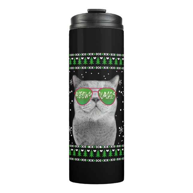 Cat with Sunglasses Meowy Ugly Christmas Sweater  Thermal Tumbler (Front)