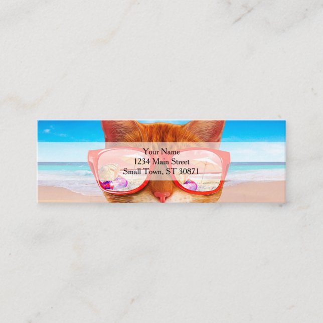 Cat with sunglasses on the beach mini business card (Front)