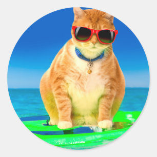 Cat with sunglasses surfing in the ocean classic round sticker