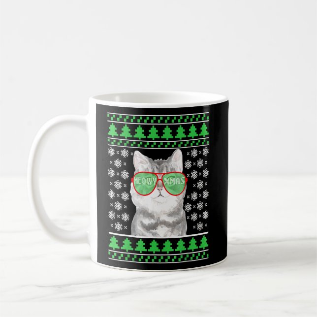 Cat With sunglasses Ugly Christmas Sweater Funny C Coffee Mug (Left)